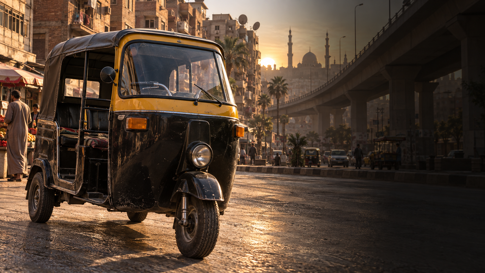 Ala El Khat promotional artwork: a tuk-tuk in an Egyptian street at sunset