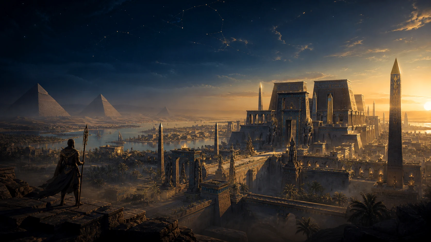 A monumental ancient Egyptian city beside the Nile at sunrise